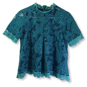 ANTHROPOLOGIE, HD IN PARIS Floral, Scalloped, Peacock, Lace Blouse EUC